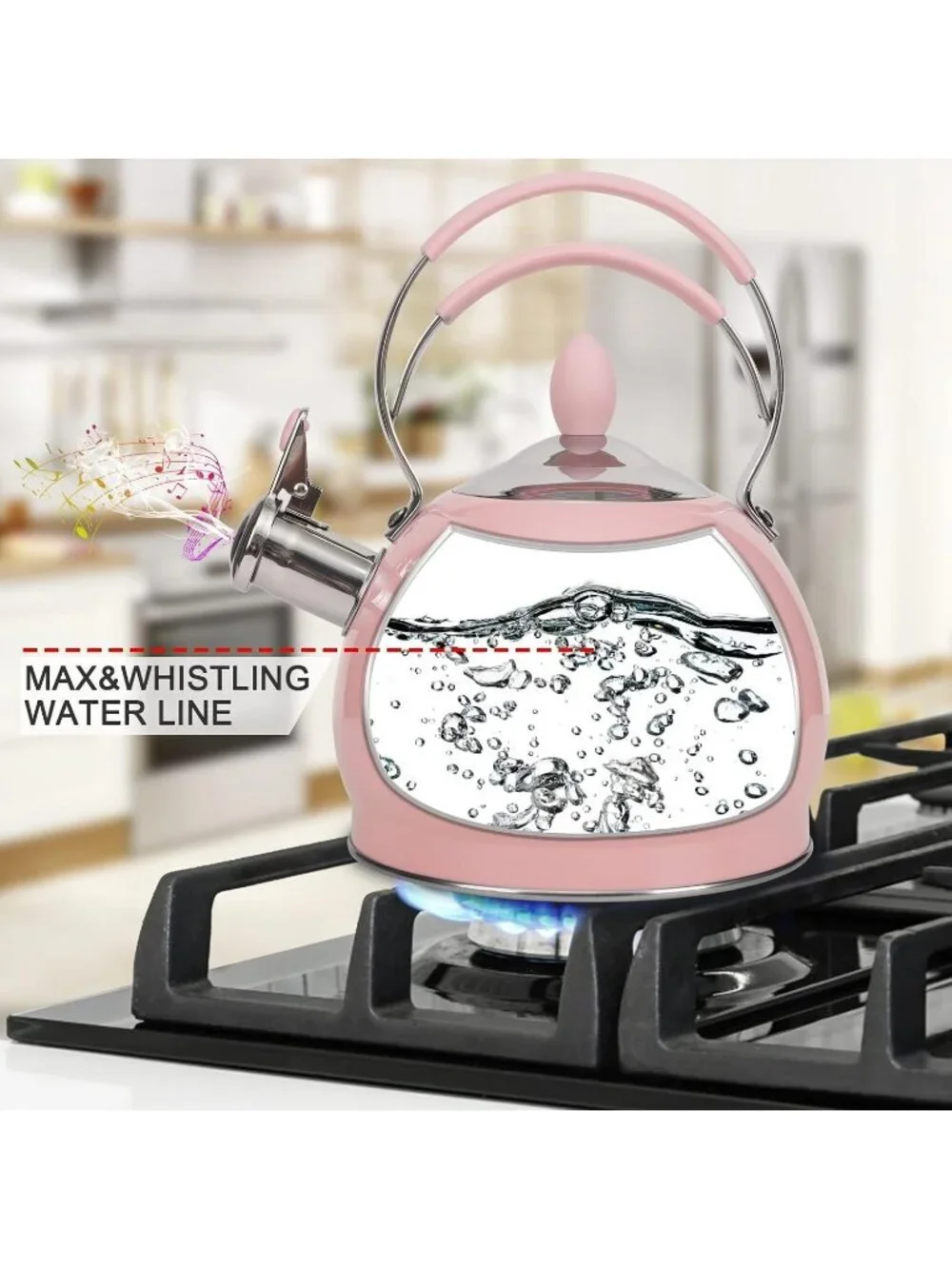 Pink Whistling Stainless Steel Kitchen Tea Kettles 2.6 Quart Stovetop Induction